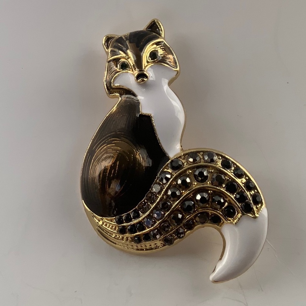 Vintage Enamel Fox Brooch Pin  Rhinestone Crystal Animal Jewelry Gold Tone